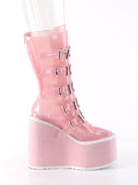 B. Pink TPU Mid-Calf Boots with Heart-Shaped Metal Plate Buckle Straps